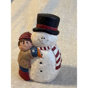 Eddie Walker 5 in. Hand Carved Snowman and Child Christmas Figurine Vintage MINT